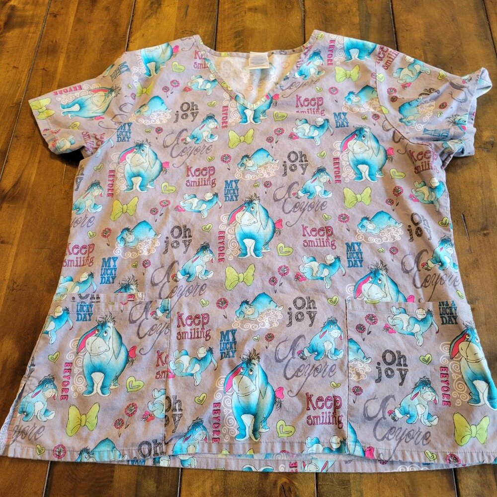 Womens L Scrub Top Eeyore Oh Joy Hospital Uniform Healthcare Winnie The Pooh